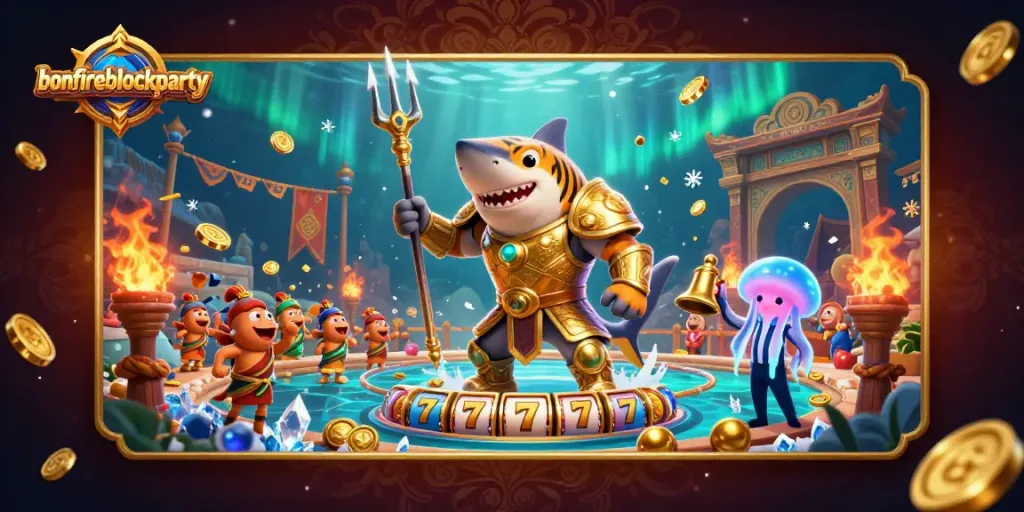 Experience the excitement of bonfireblockparty with a dynamic casino scene featuring a tiger shark gladiator.