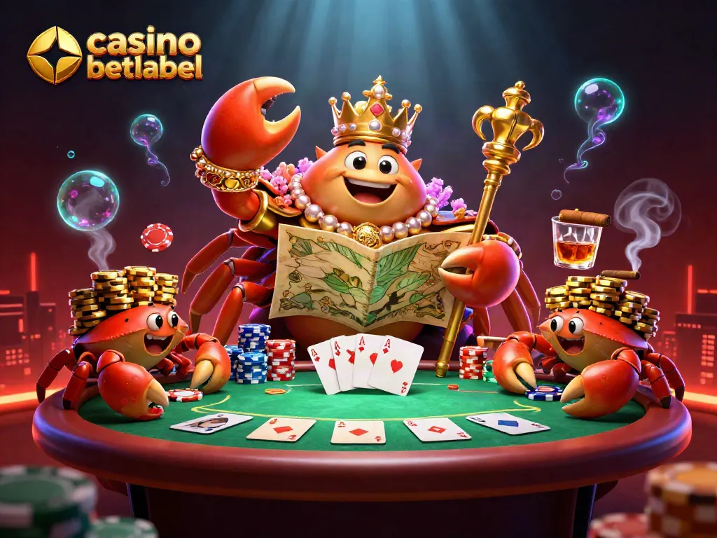 Experience the vibrant action of casino betlabel with a golden crab emperor, poker elements, and hermit crab servants.