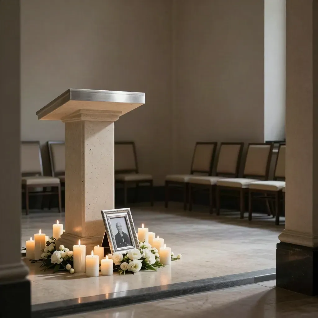 Sala de homenaje vacía con velas, flores y atril, vista baja desde el pasillo.