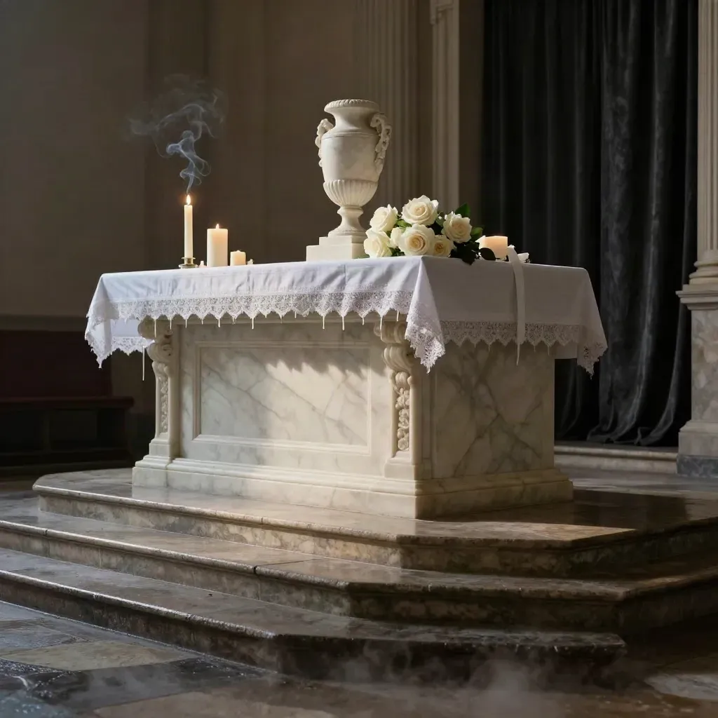 Altar memorial de mármol con urna de alabastro, rosas marfil y velas en penumbra.