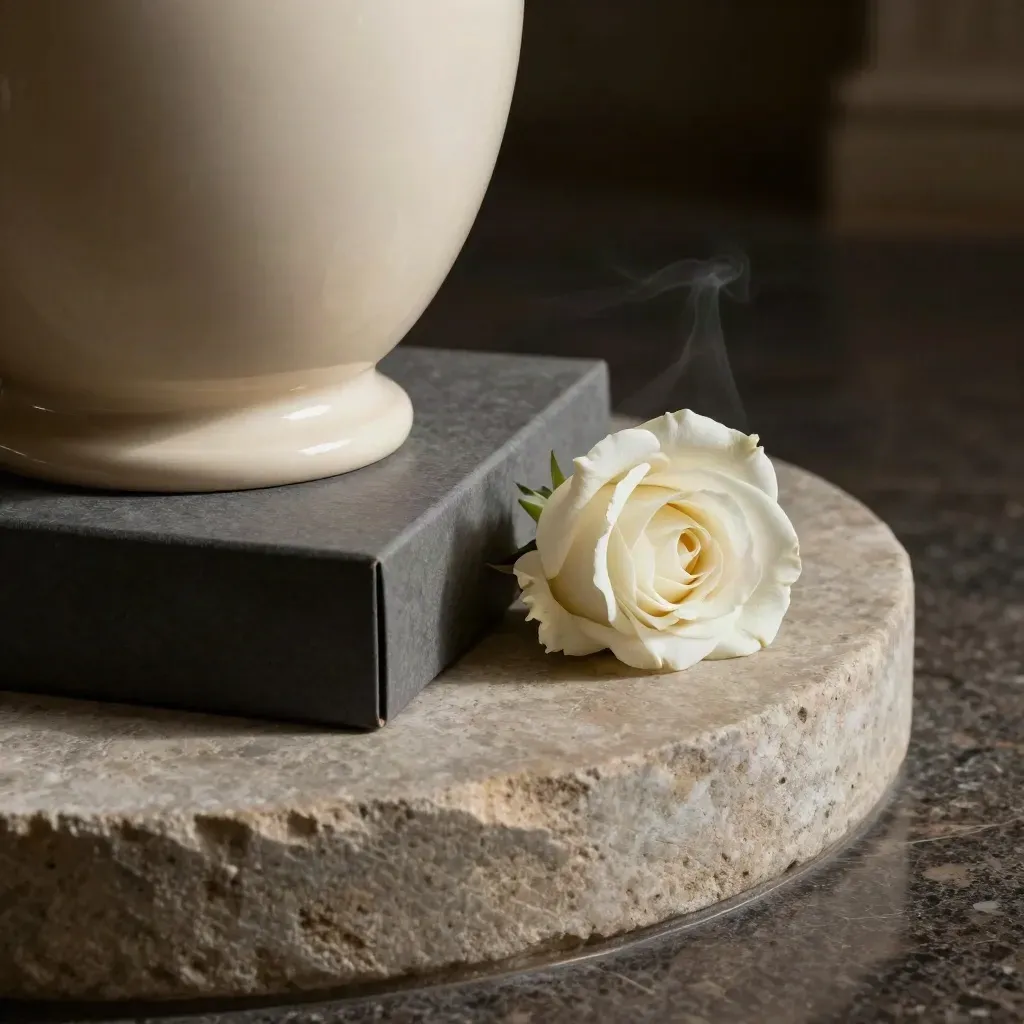 Urna marfil sobre pedestal de piedra, rosa blanca y caja de traslado en luz cálida.