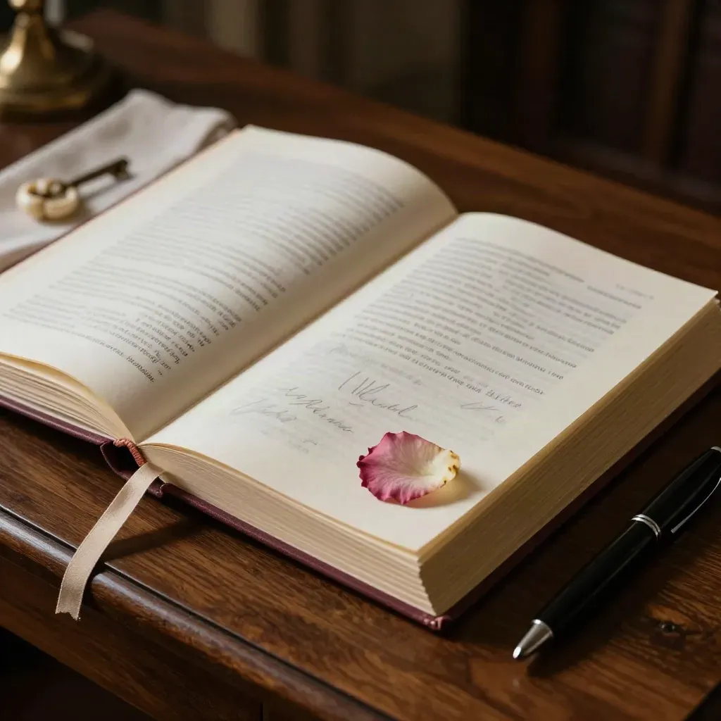 Libro de condolencias abierto sobre madera oscura con pétalo, cinta y vela tenue.