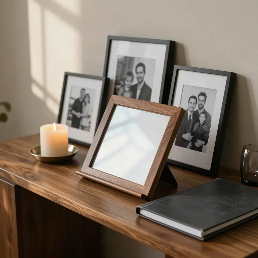 Rincón memorial familiar con tablet, fotos enmarcadas y vela en madera cálida.