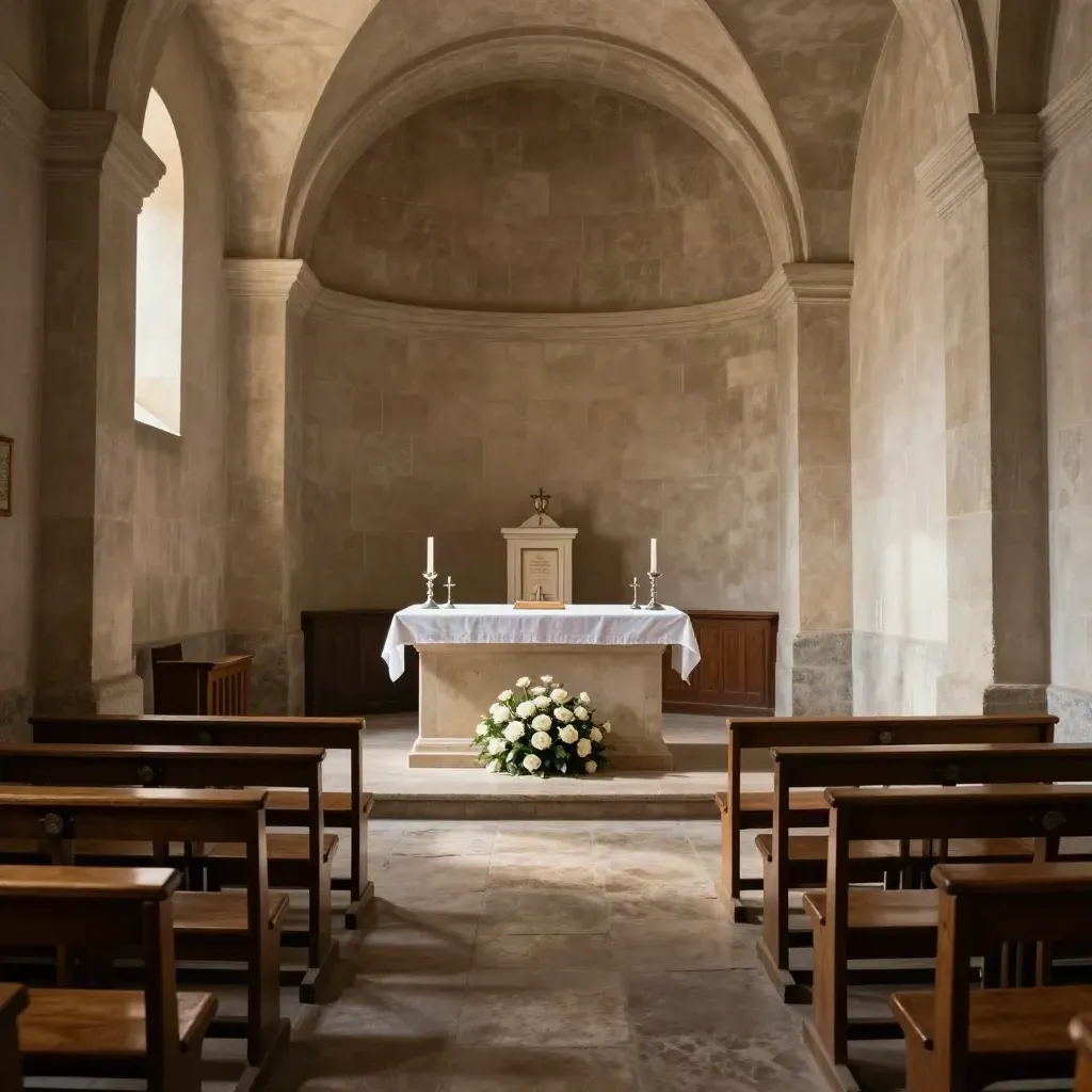 Capilla madrileña vacía con altar preparado, rosas blancas y cuarenta sillas bajo luz cálida.
