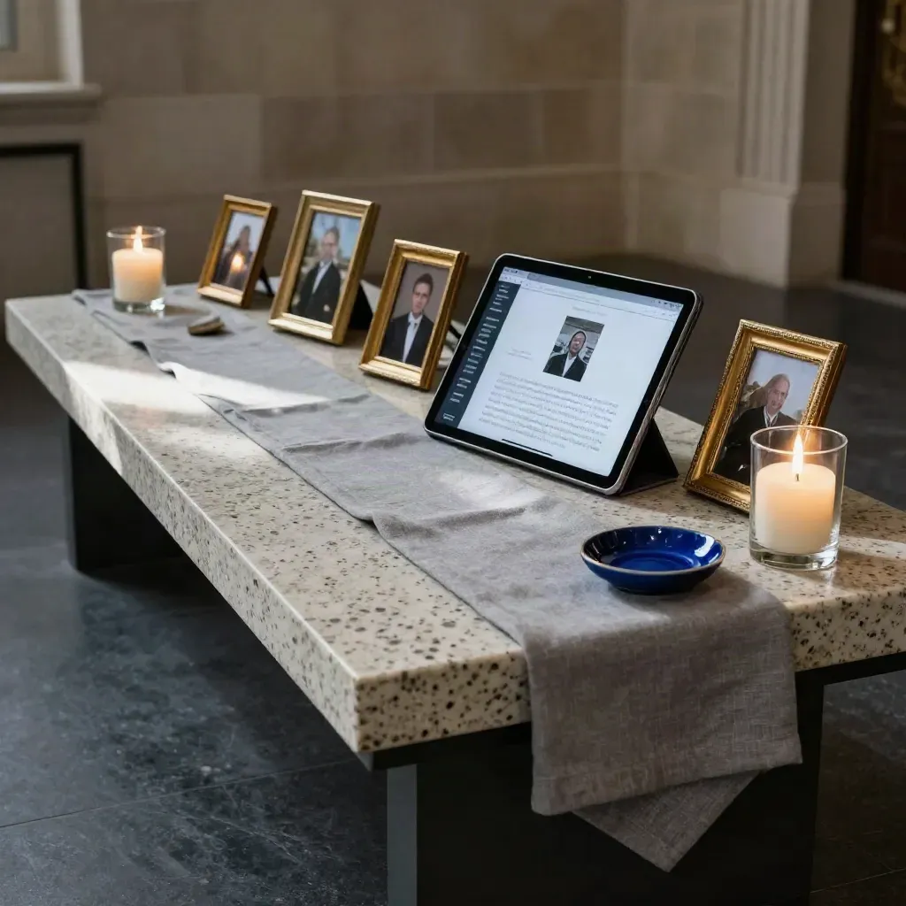 Tablet con esquela online, marcos de fotos y velas bajas en un rincón sereno