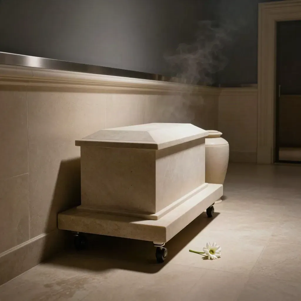 Pasillo de crematorio impecable con urna, caja sellada y una flor blanca en luz dramática.