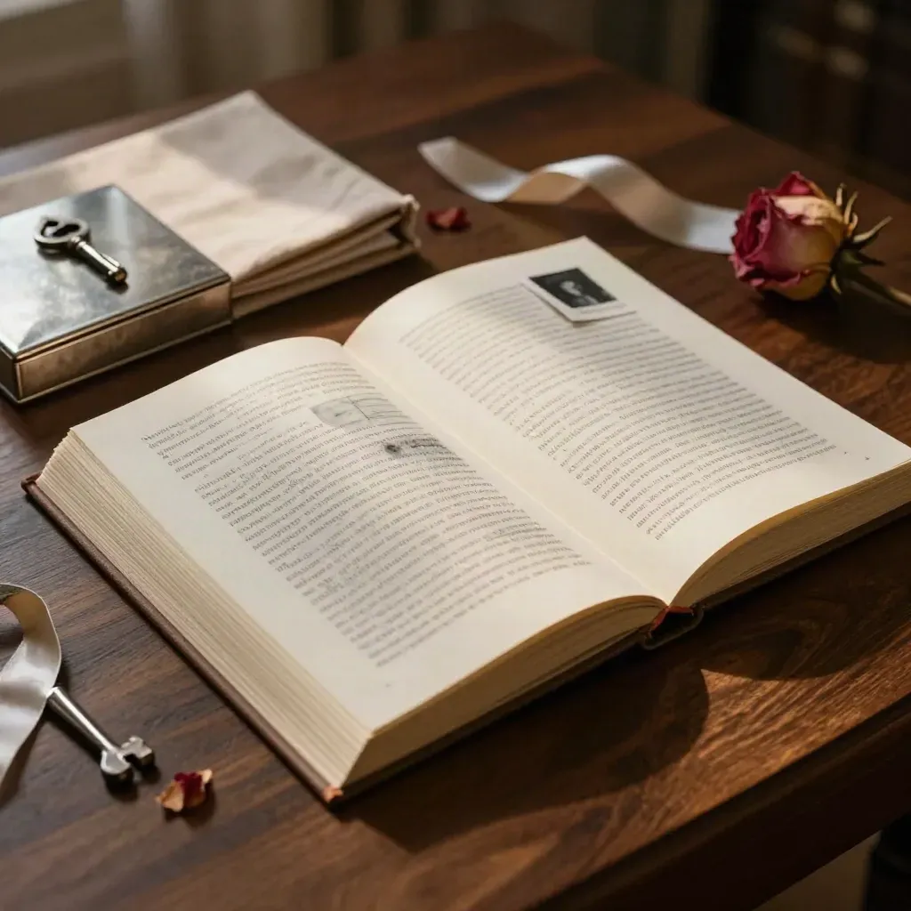 Libro de condolencias abierto y lleno de notas, pétalos y fotos sobre mesa oscura.