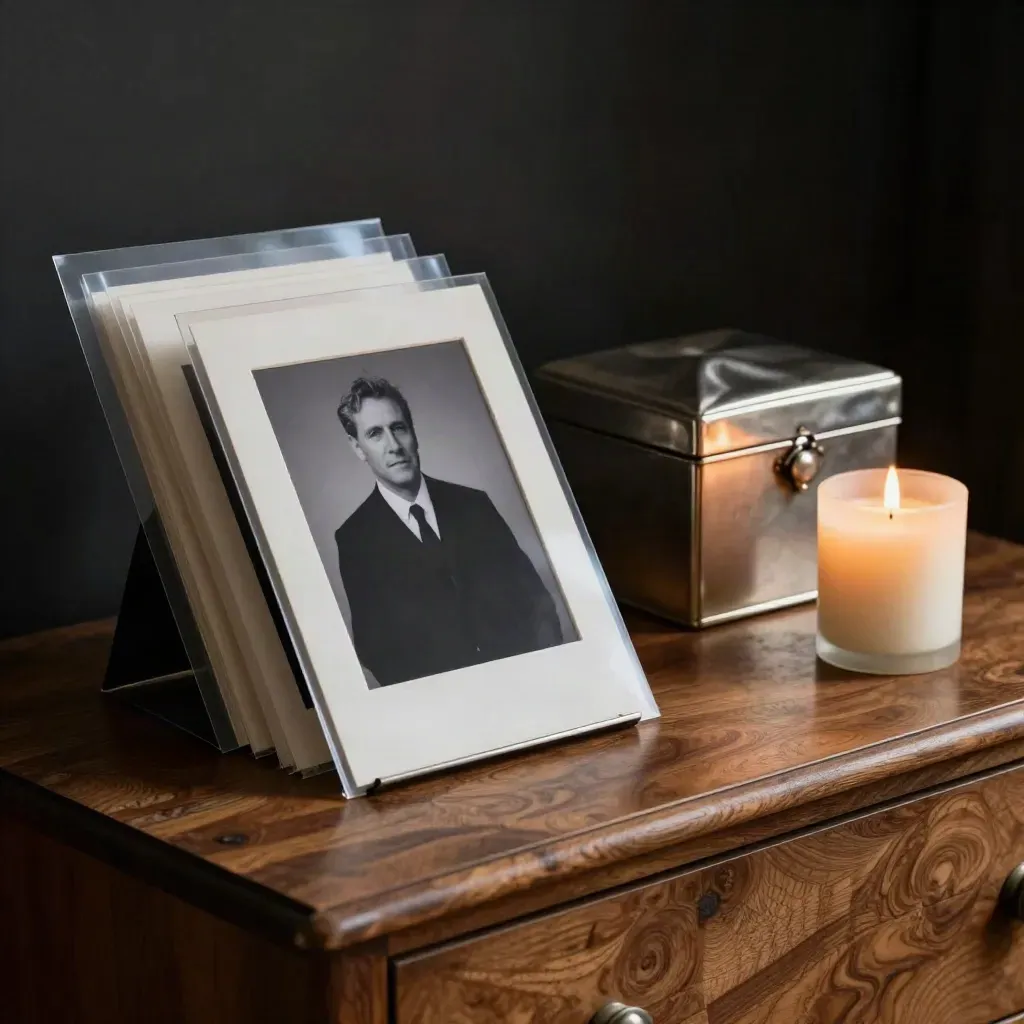 Archivo memorial familiar sobre nogal con tablet, fotos, caja de recuerdos y vela.