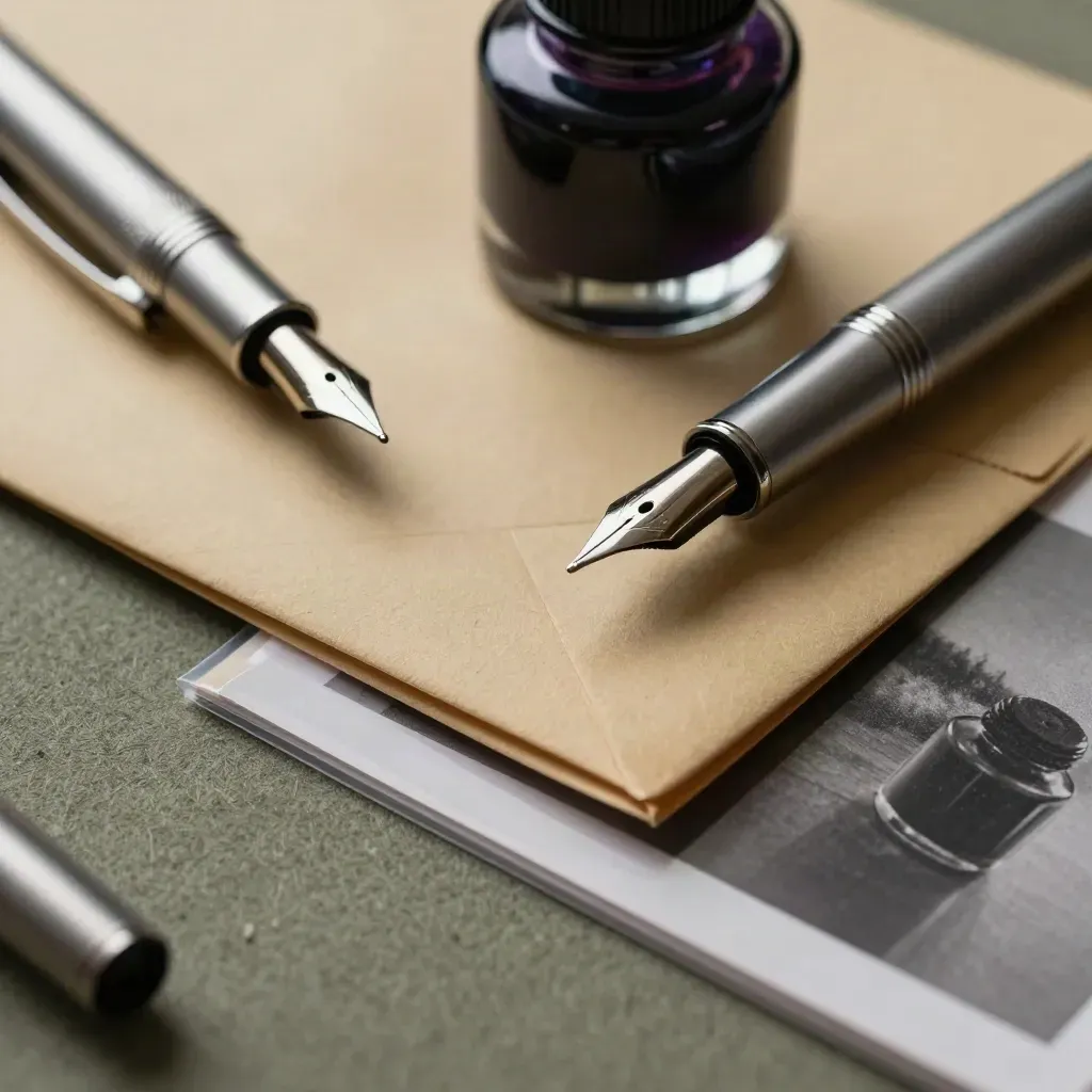 Pluma, tinta, sobre de archivo y foto en funda sobre mesa de conservación con luz lateral.