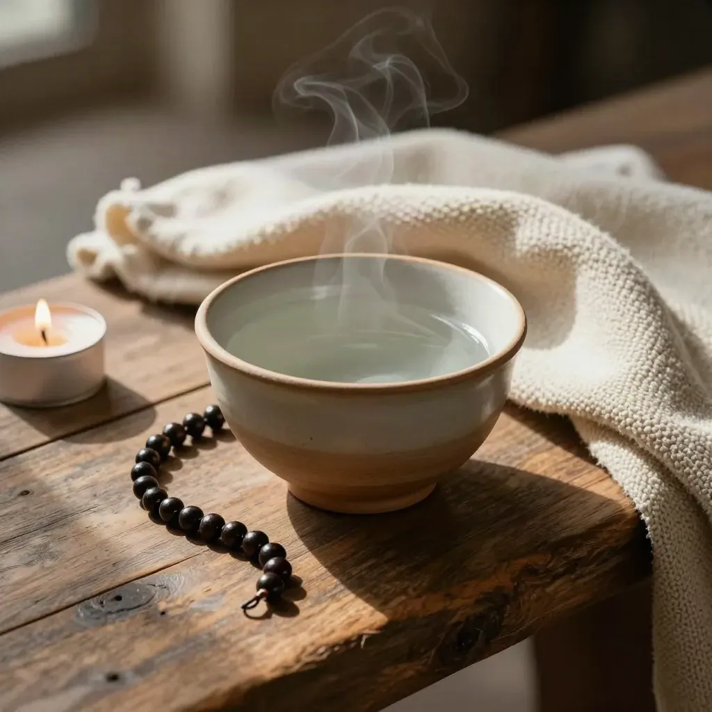 Taza de té, cuenco de agua, rosario, vela baja y manta de lana en una pausa de consuelo.