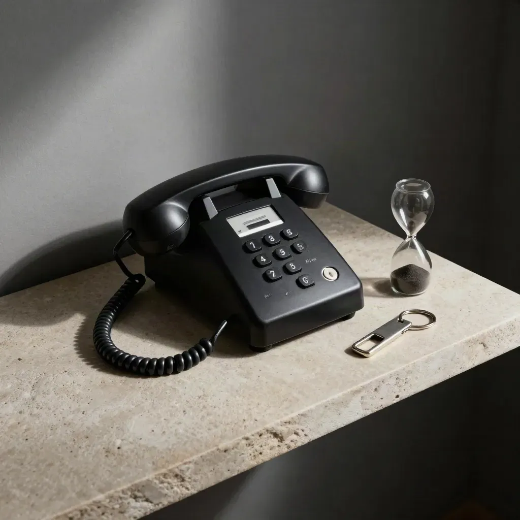 Teléfono negro, reloj de arena y llavero metálico sobre piedra, en silencio sobrio.