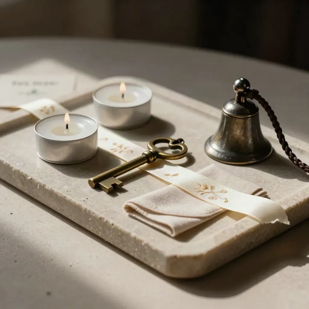 Velas de té, llave de capilla y cinta floral sobre una bandeja de piedra.