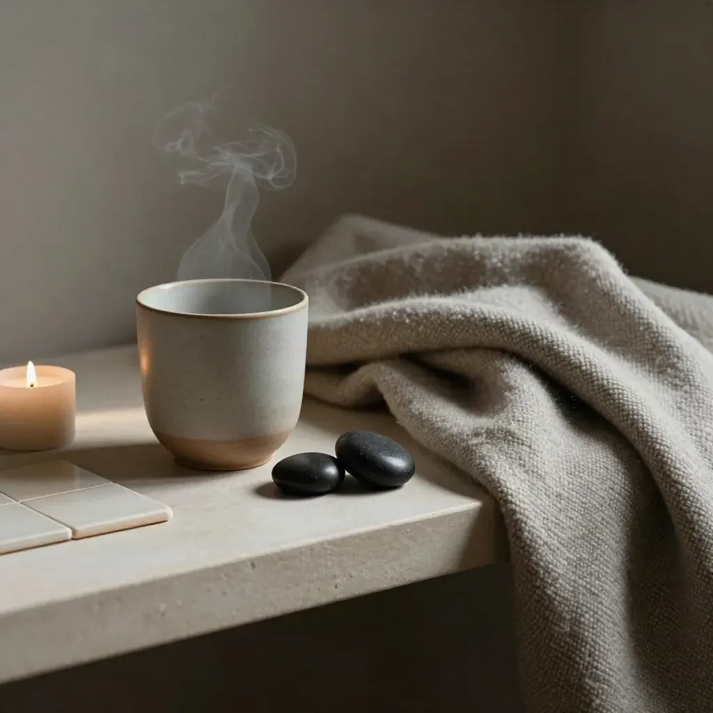 Vela, taza de cerámica, piedras de consuelo y manta de lana en una repisa de yeso.