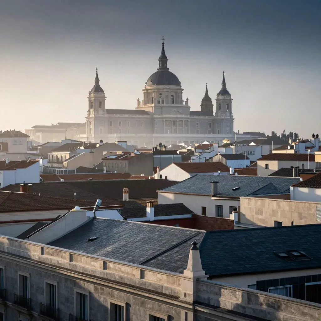 Madrid al amanecer con la cúpula alta entre bruma y azoteas tras la lluvia.