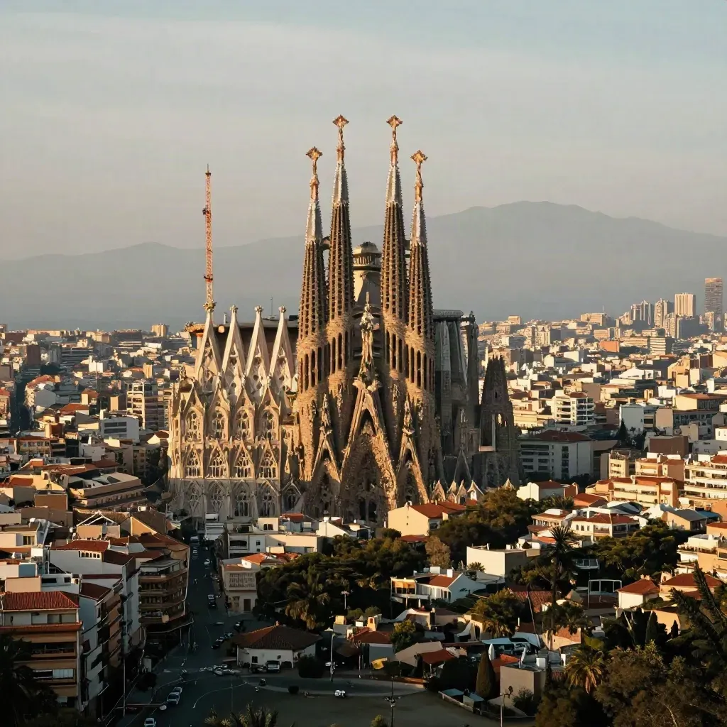 Barcelona al atardecer con la Sagrada Família sobre la ciudad y el mar en neblina.