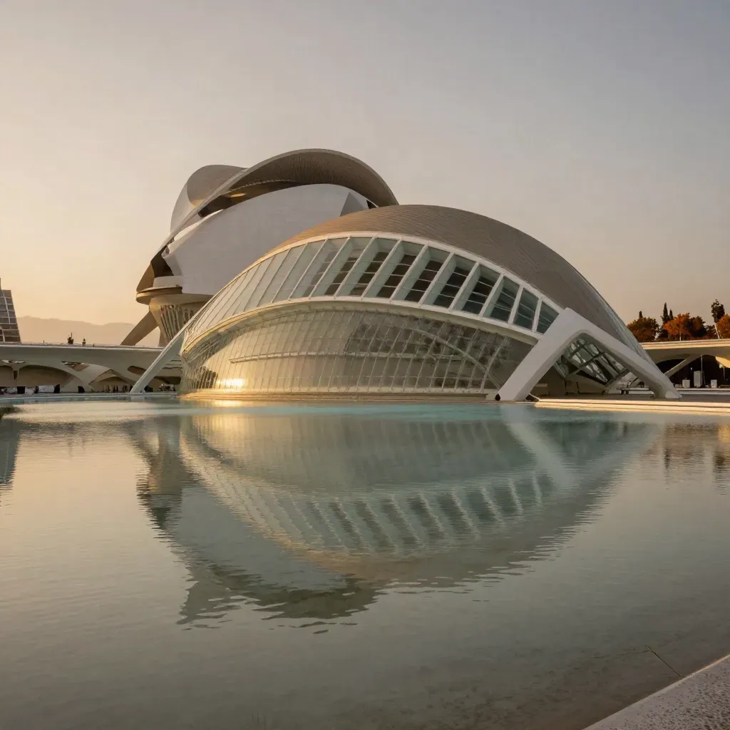Valencia al atardecer con la Ciudad de las Artes y las Ciencias sobre agua quieta y neblina suave.