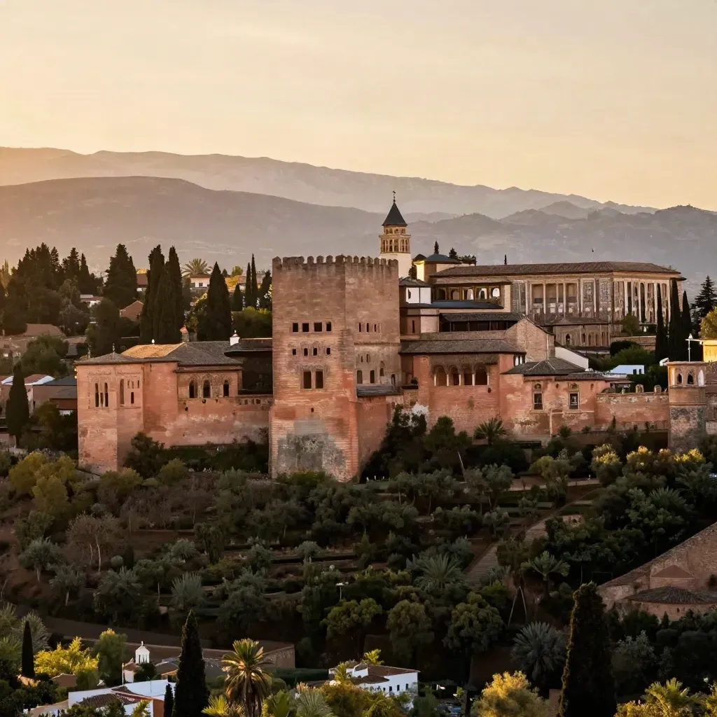 La Alhambra al atardecer sobre Granada, con Sierra Nevada entre bruma cálida.