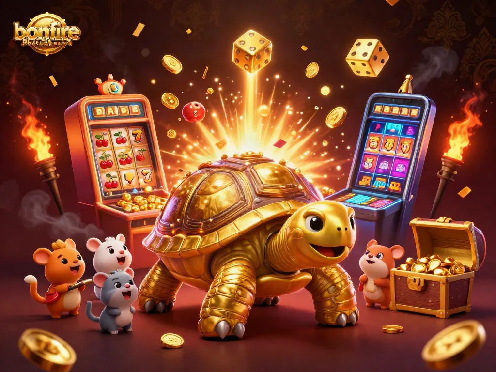 Play at bonfireblockparty slot machine with golden tortoise amidst casino excitement.